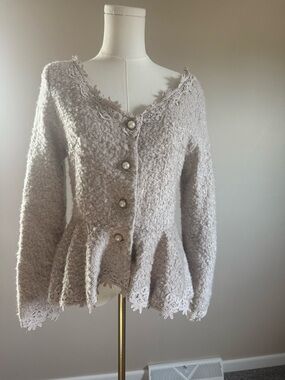 Gracia Cream Gray Lace-Trim Knit Cardigan with Pearl Buttons